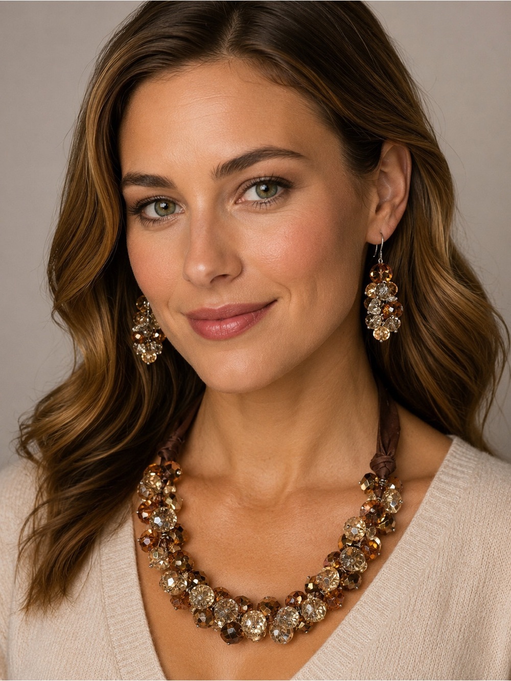 Ali-Khan New York Brown Crystal Cluster Bib Statement Necklace & Earrings Set